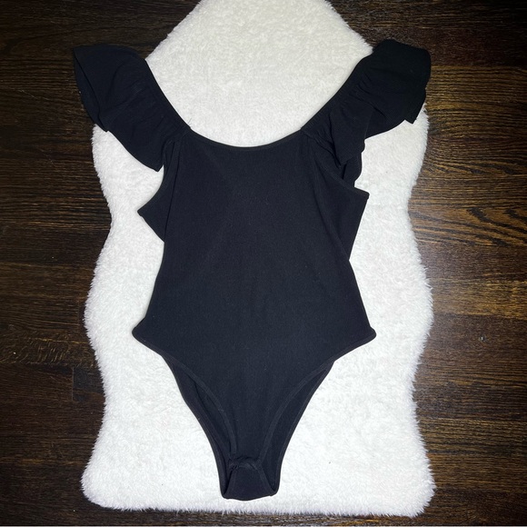 NWT Francesca’s Blue Rain Black Ribbed Knit Tie Back Bodysuit - Picture 1 of 9